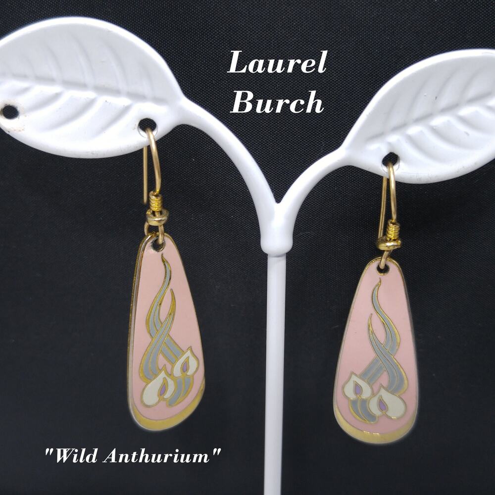 Laurel Burch "Wild Anthurium" Pink Dangle Earrings, Gold Plated, Enamel, 1980s